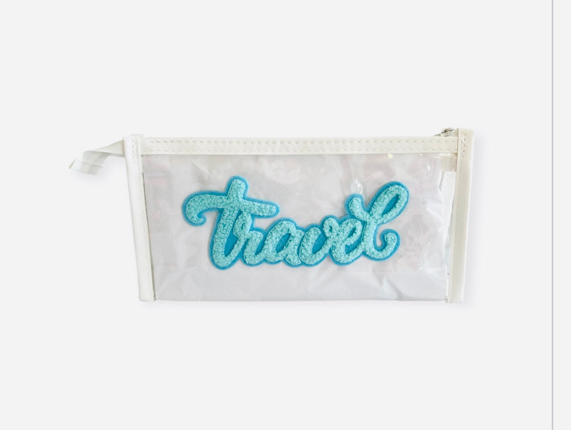 Custom Kit: “TRAVEL” in Varsity Letters | With OR Without Essential Travel items | Make-up Bag | Spring Break | Graduation Gift | Retirement Gift