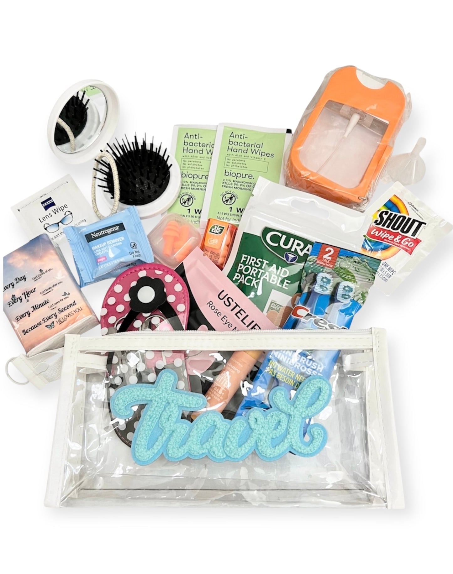 Custom Kit: “TRAVEL” in Varsity Letters | With OR Without Essential Travel items | Make-up Bag | Spring Break | Graduation Gift | Retirement Gift