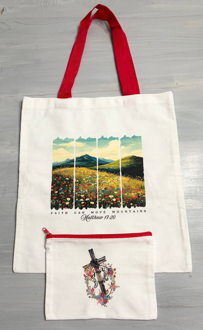 Christian Canvas Tote with Coordinating Zippered Pouch - Red Theme