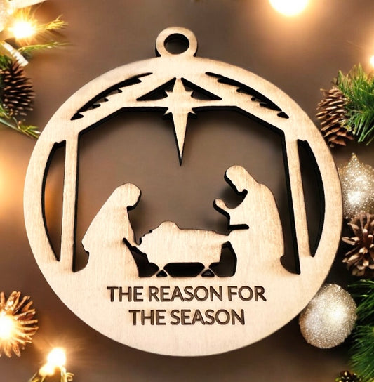 Christmas Nativity Ornament engraved with “The Reason for the season”