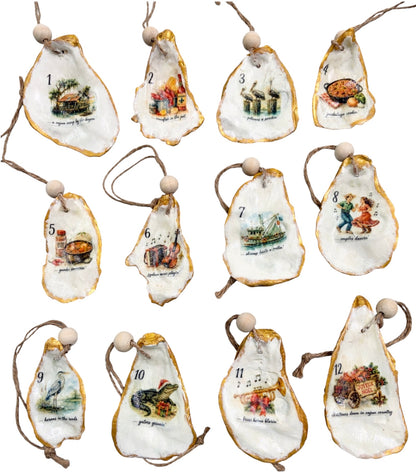 12 Days of Cajun Christmas Oyster Shell Ornament Set: