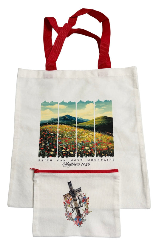 Christian Canvas Tote with Coordinating Zippered Pouch - Red Theme