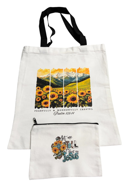 Christian Canvas Tote with Coordinating Zippered Pouch - Black Theme with Sunflowers