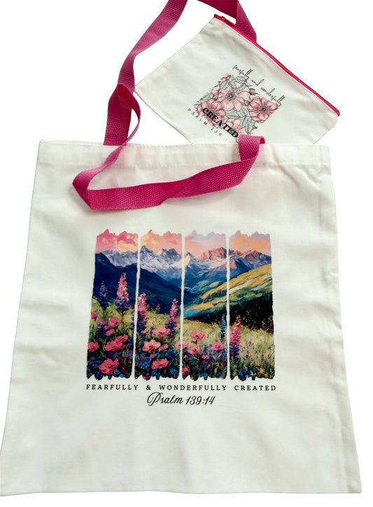 CLEARANCE❣️ Christian Canvas Tote with Coordinating Zippered Pouch - Dark Pink Handles & Zipper