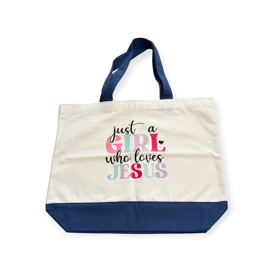 Christian Canvas Tote: “Just a girl who loves Jesus”- Large - Inspirational Gift